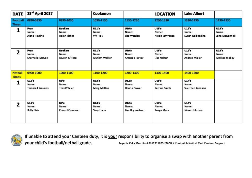 EMCU Canteen Roster Week 1